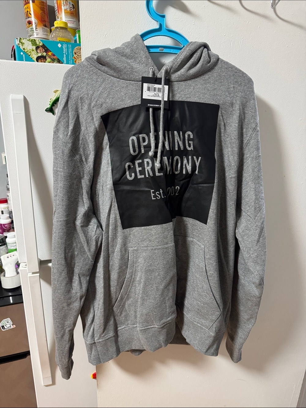 Opening Ceremony Gray Hoodie with Black Chest Panel Logo.